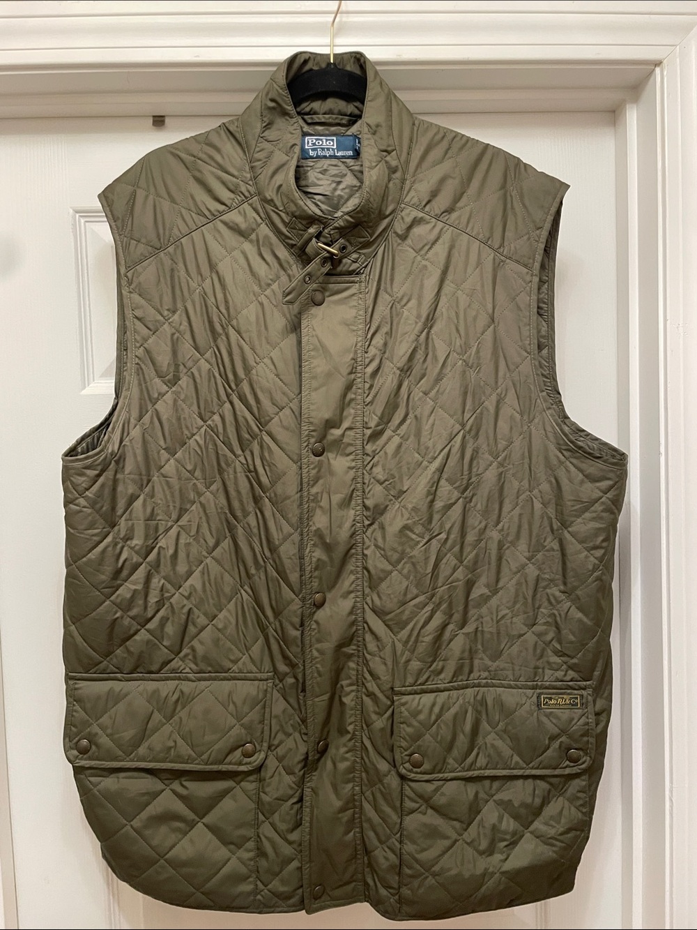 Polo by Ralph Lauren Quilted Olive Vest with Stand Collar snap fall layering